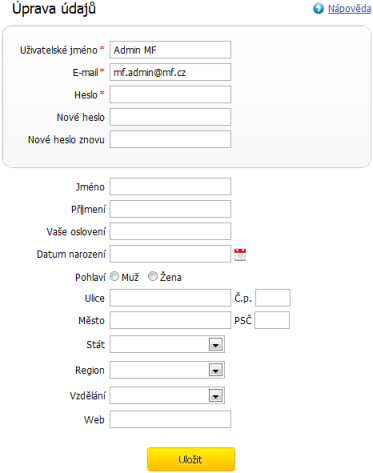 Formulář pro editaci údajů zadaných při registraci